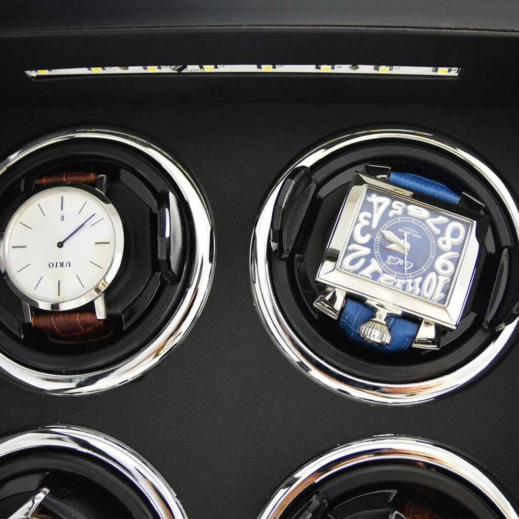 4 watch winder holder detail with black interior and LED light