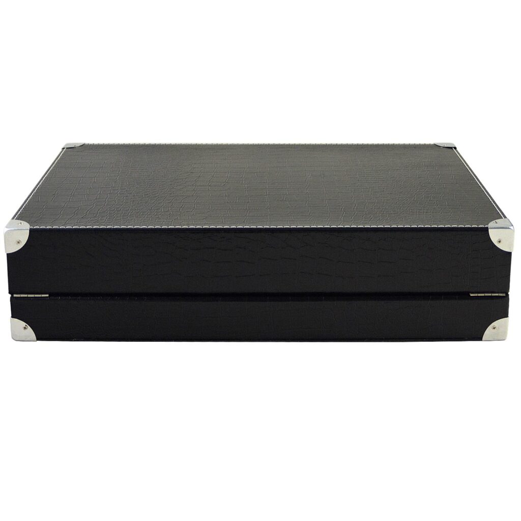 Side view of black PU leather 24 watch storage suitcase with metal corner protectors