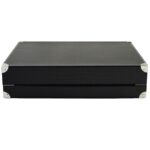 Side view of black PU leather 24 watch storage suitcase with metal corner protectors