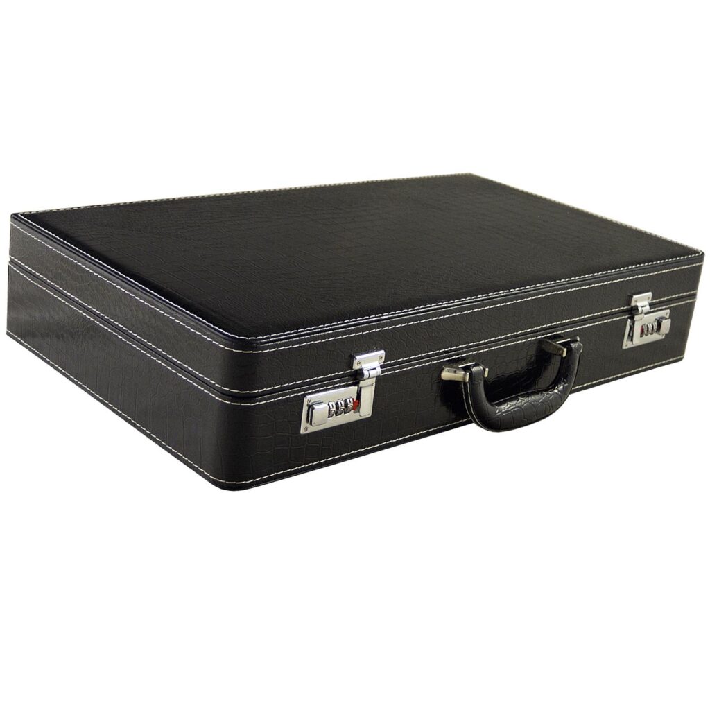 Angled view of black PU leather watch case with crocodile grain texture and handle