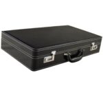 Angled view of black PU leather watch case with crocodile grain texture and handle