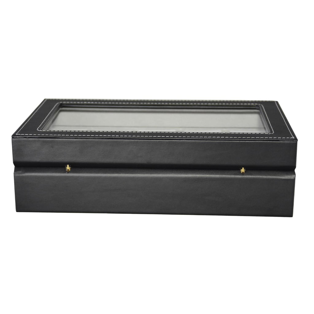 Black PU leather watch storage box with glass top and hardware lock