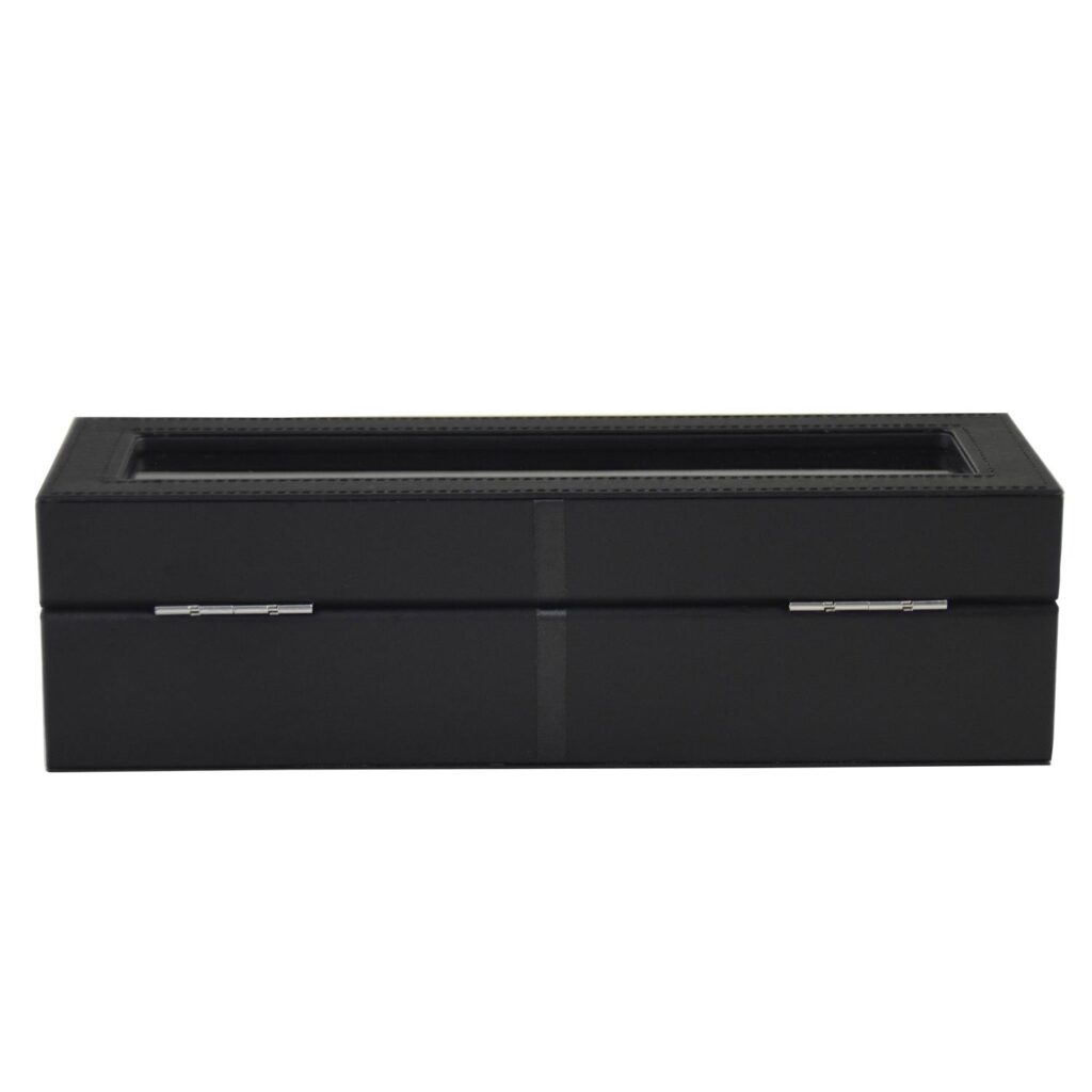 Black leather watch box with open hinged lid and interior display area