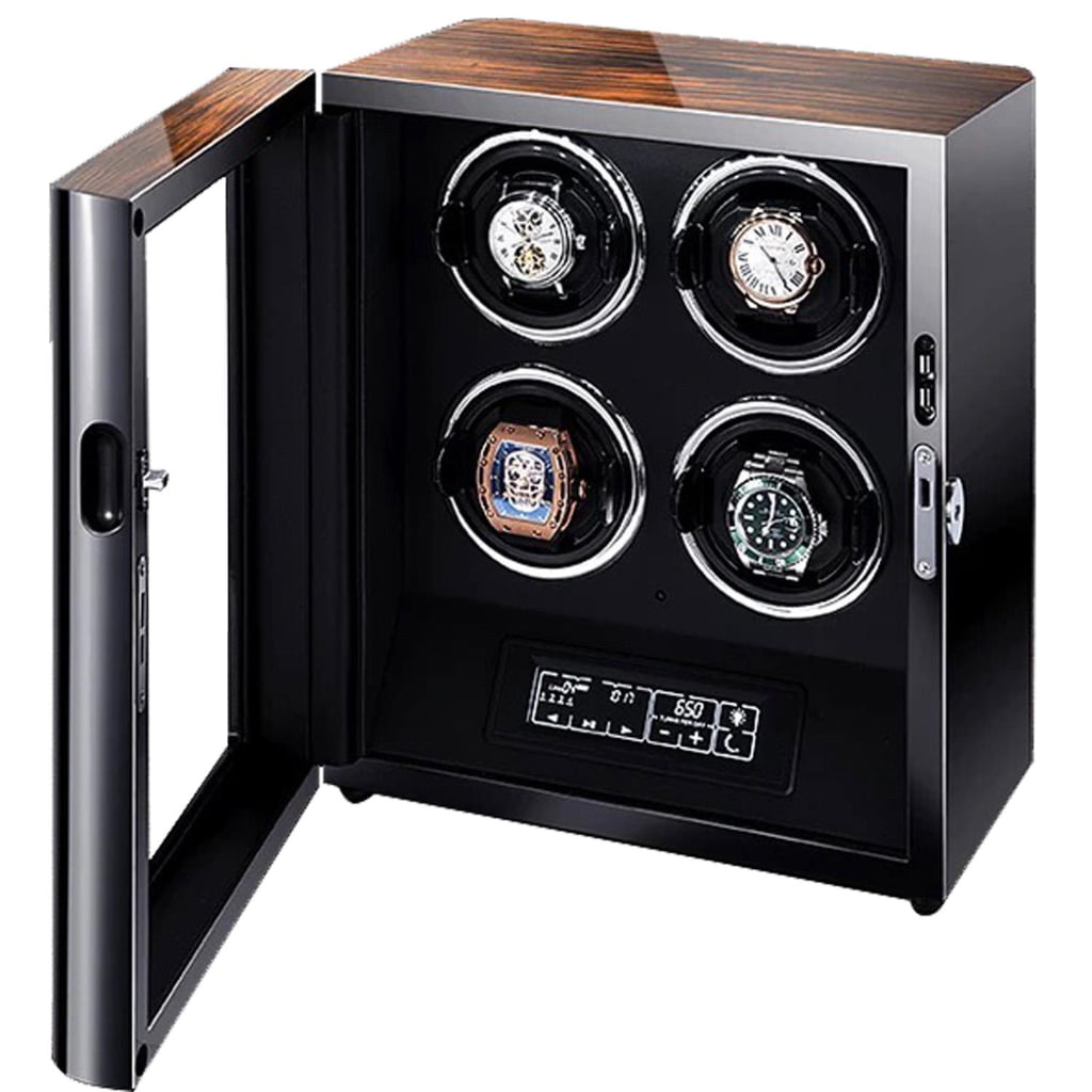 Open 4 watch winder with zebra stripe finish, black interior and touchscreen control