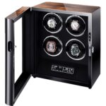 Open 4 watch winder with zebra stripe finish, black interior and touchscreen control