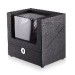 Black wood veneered watch winder case angled view with display window