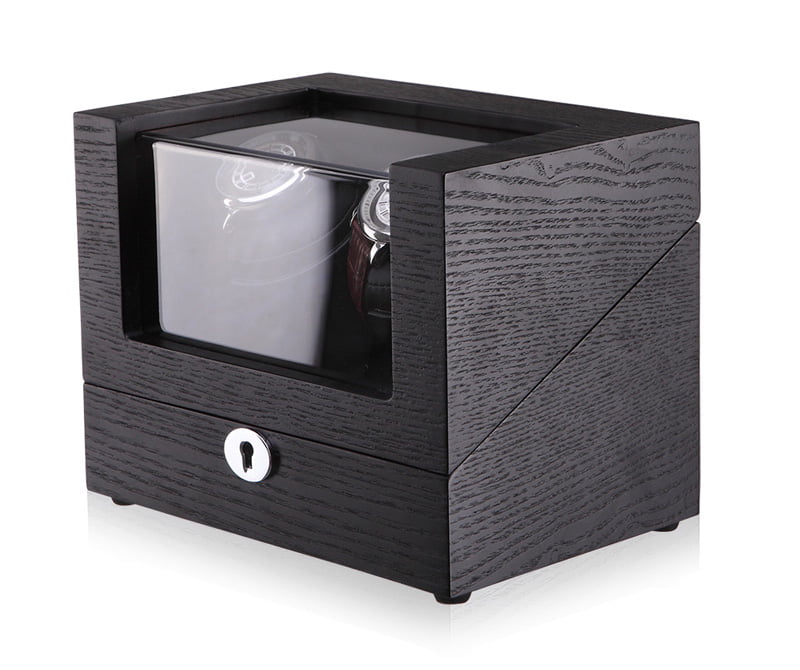 Black wood veneered watch winder case angled view with display window