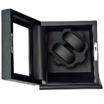 Open wood watch winder safe showing two watch winding positions