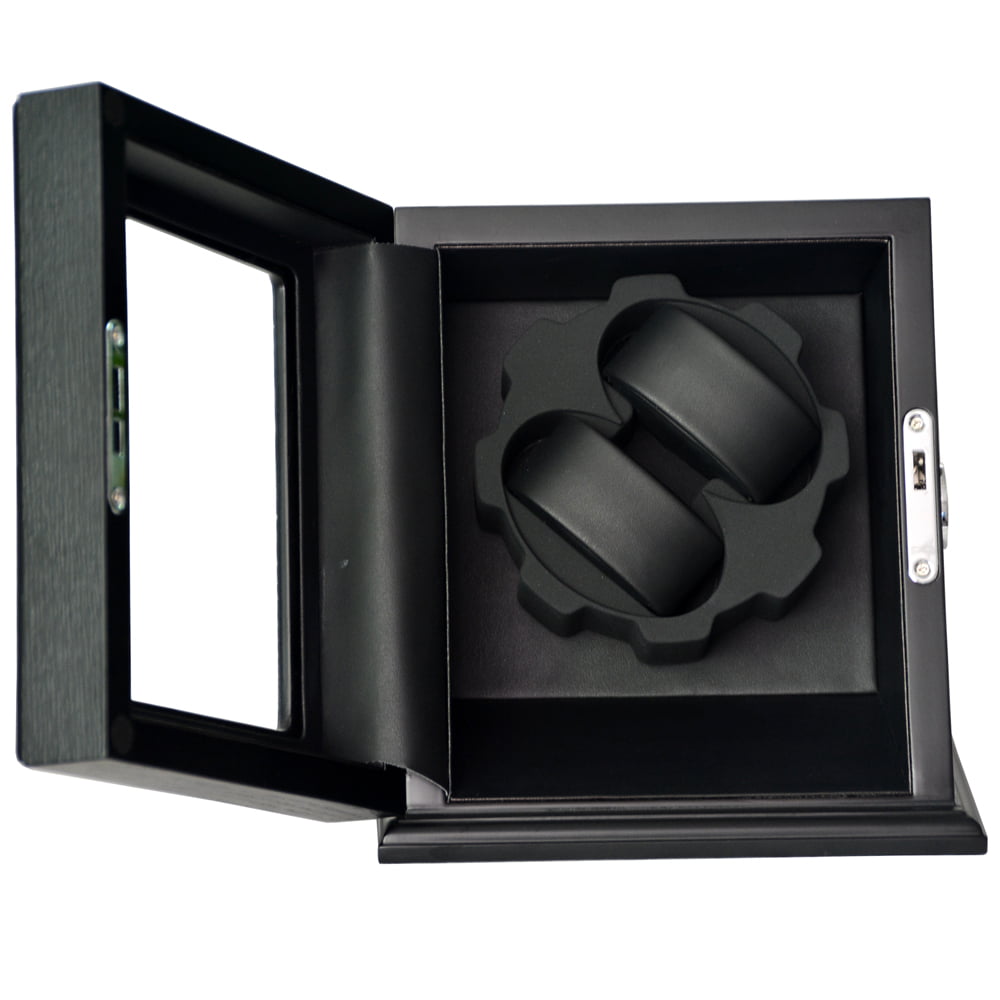 Open wood watch winder safe showing two watch winding positions