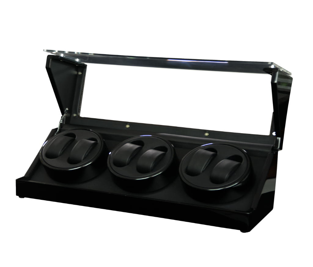 Black watch winder open display with six winding positions and acrylic cover