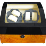 4 watch winder and storage box with black yellow high gloss exterior finish