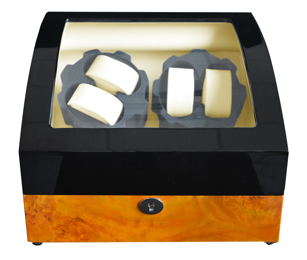 4 watch winder and storage box with black yellow high gloss exterior finish