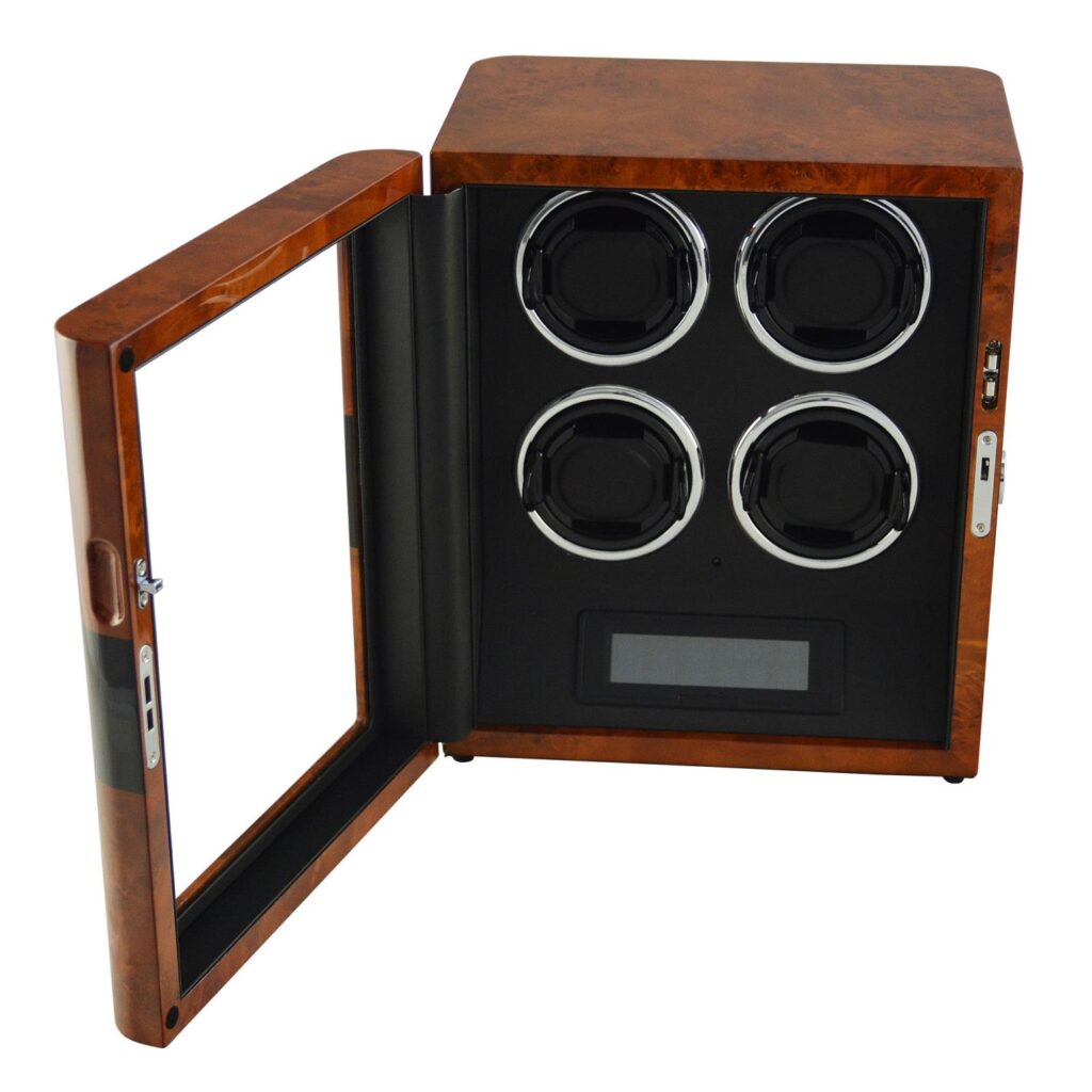 Quad Watch Winder open with balck PU leather interior