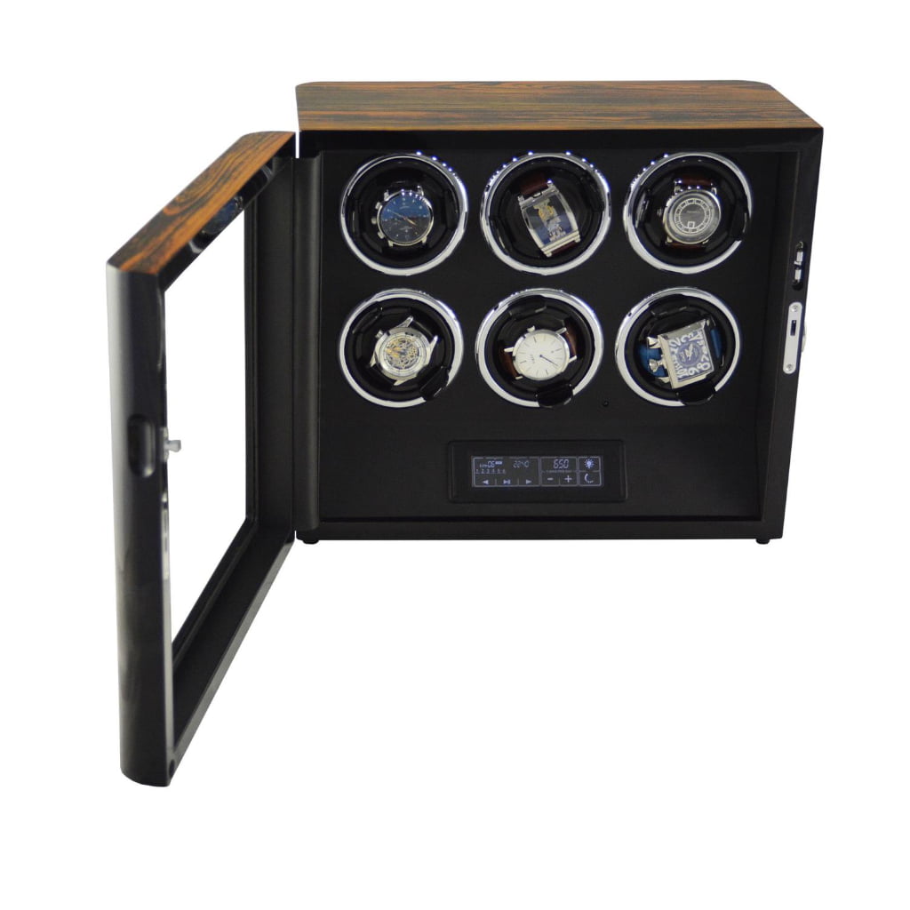 Open 6 watch winder with black interior, LED lighting and six watches displayed