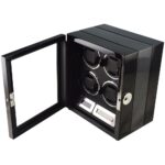 4 watch winder with open tempered glass door, black interior and carbon fibre exterior detail