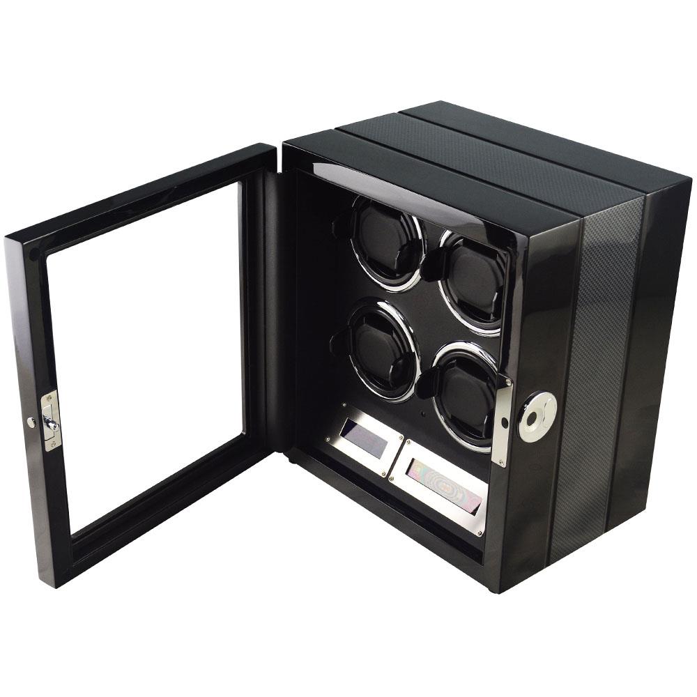 4 watch winder with open tempered glass door, black interior and carbon fibre exterior detail
