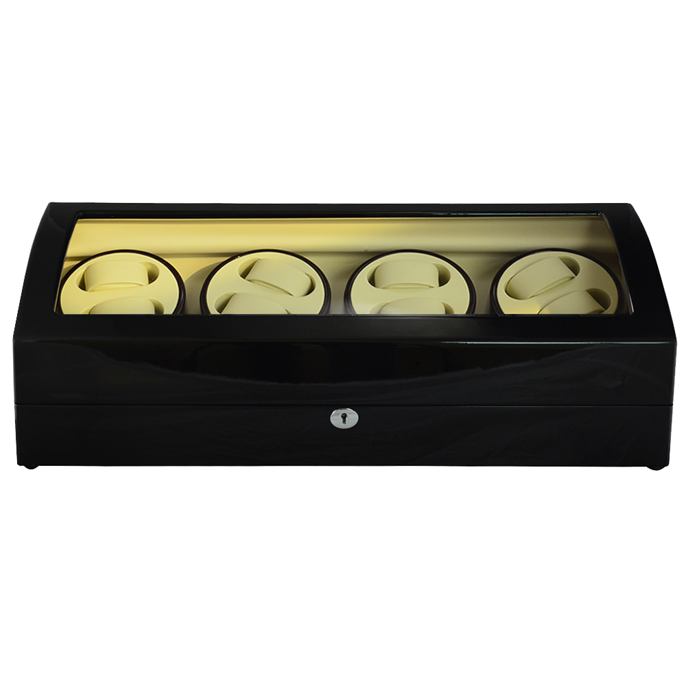 Luxury watch winder display case front with organized watch cushions and storage areas