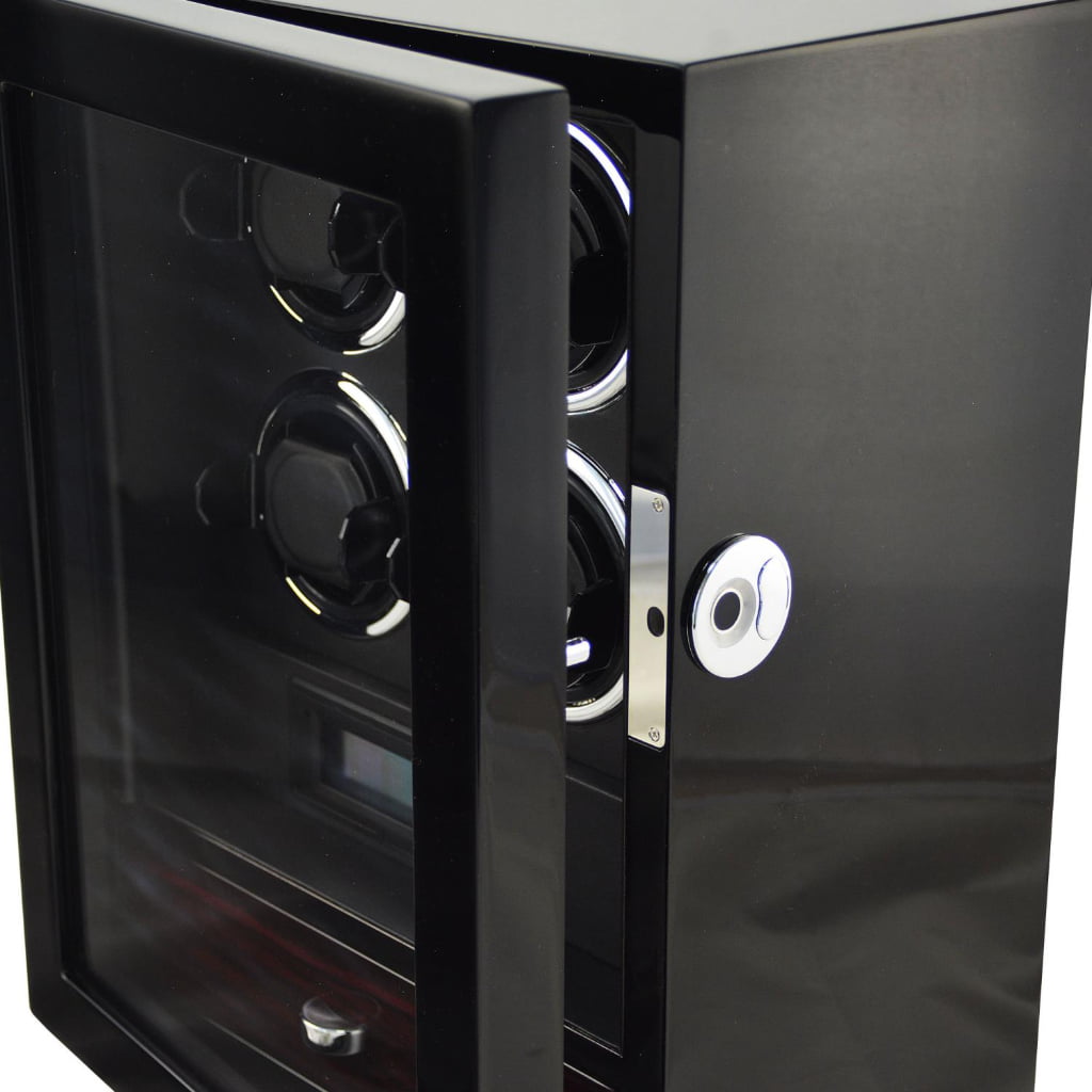 Black 4 watch winder with tempered glass door and fingerprint lock detail