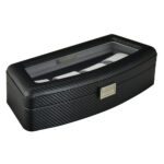 Open carbon fiber watch organizer box with four watch compartments