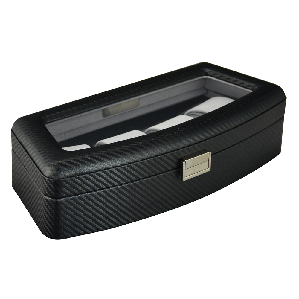 Open carbon fiber watch organizer box with four watch compartments