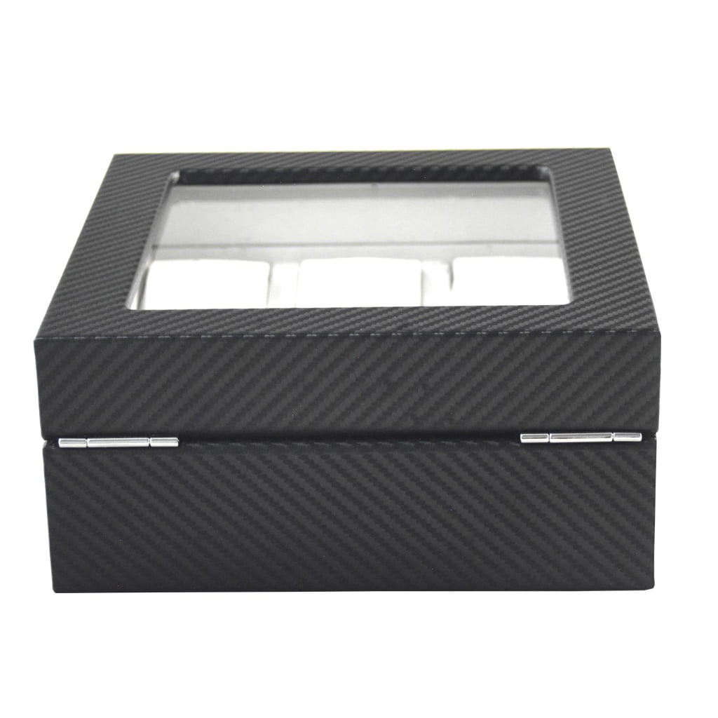 Rear view of carbon fiber 6-watch box showing tempered glass lid and metal hinges