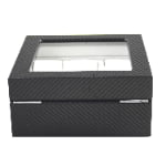 Rear view of carbon fiber 6-watch box showing tempered glass lid and metal hinges