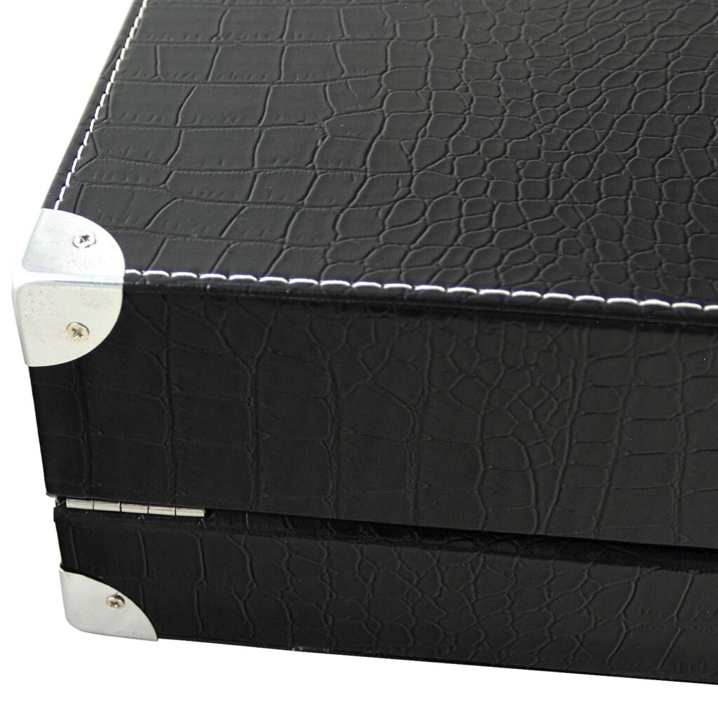 Close-up of crocodile grain PU leather watch suitcase corner protector and stitching detail