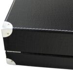 Close-up of crocodile grain PU leather watch suitcase corner protector and stitching detail