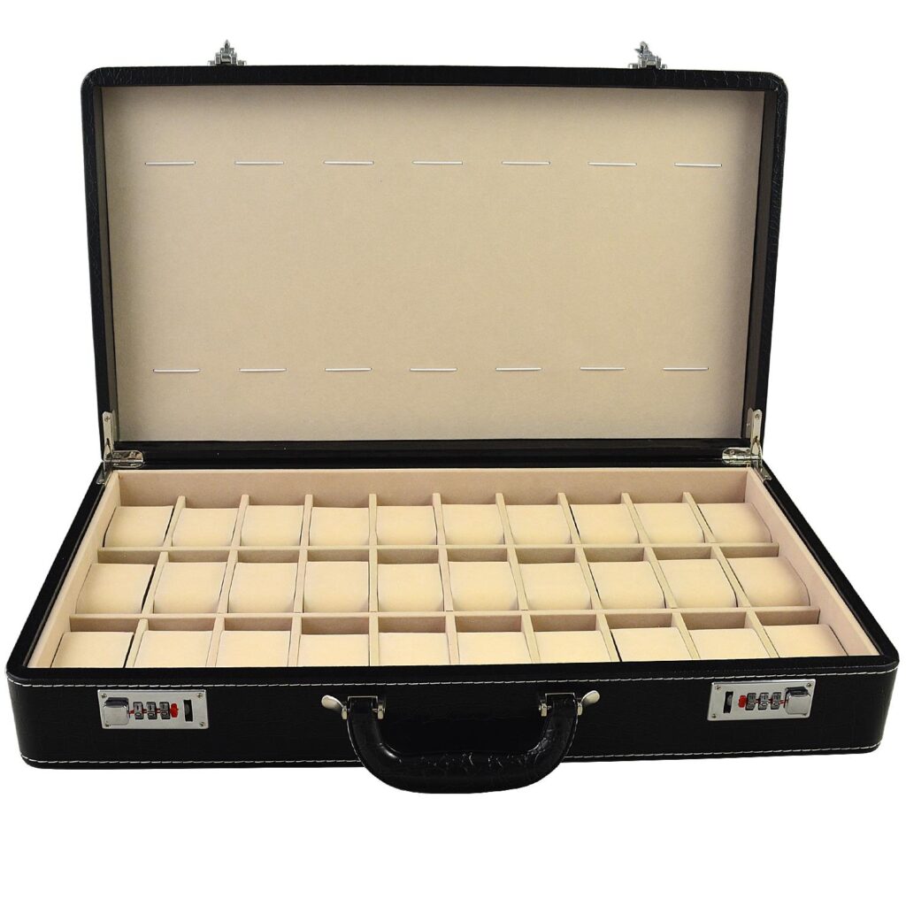 Open 30 slot watch case showing apricot velvet interior and watch compartments