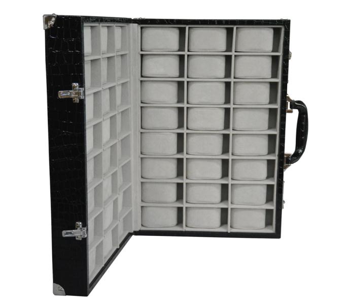 48 slot watch case showing gray velvet compartments and structured storage design