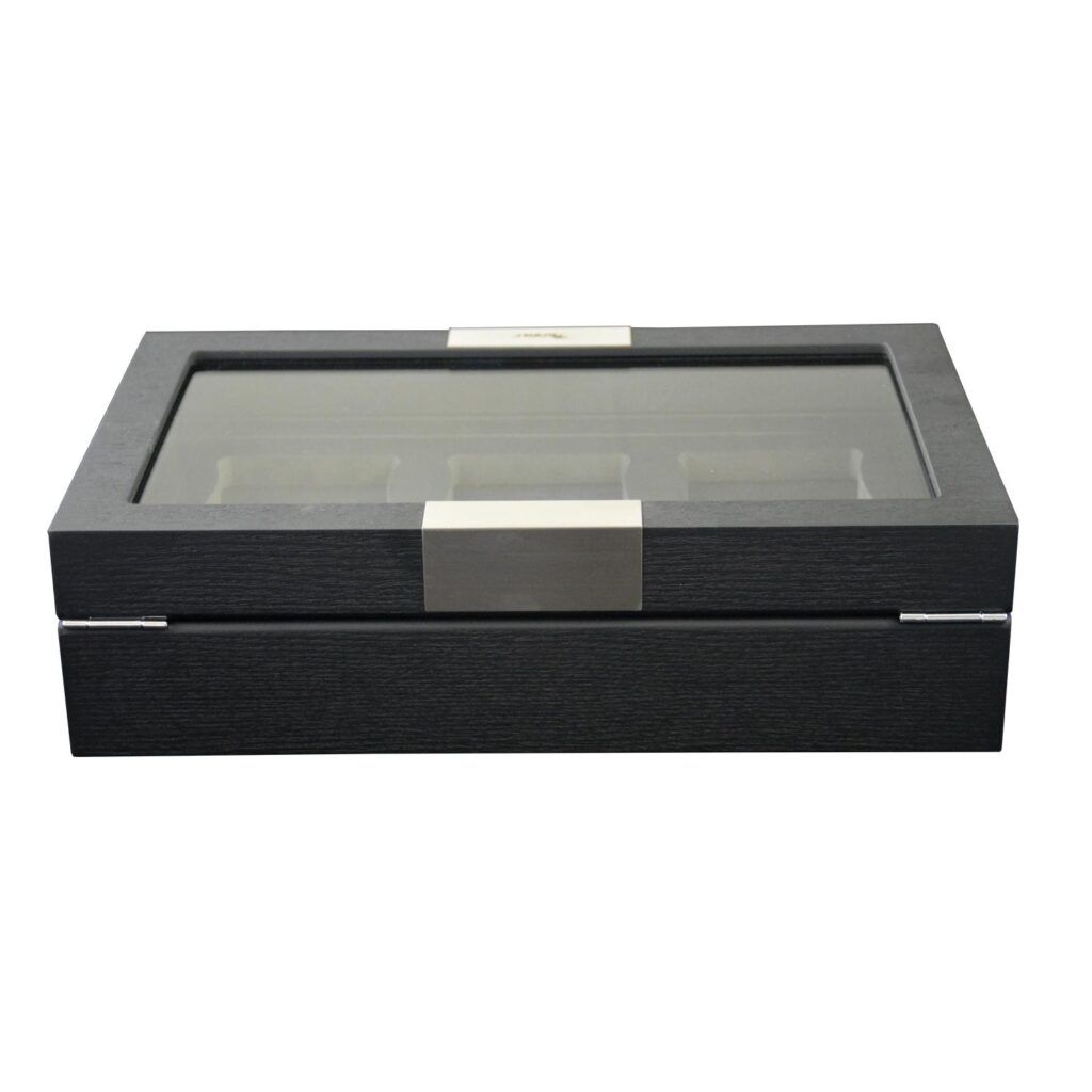 Black perfume display storage box back view with glass lid