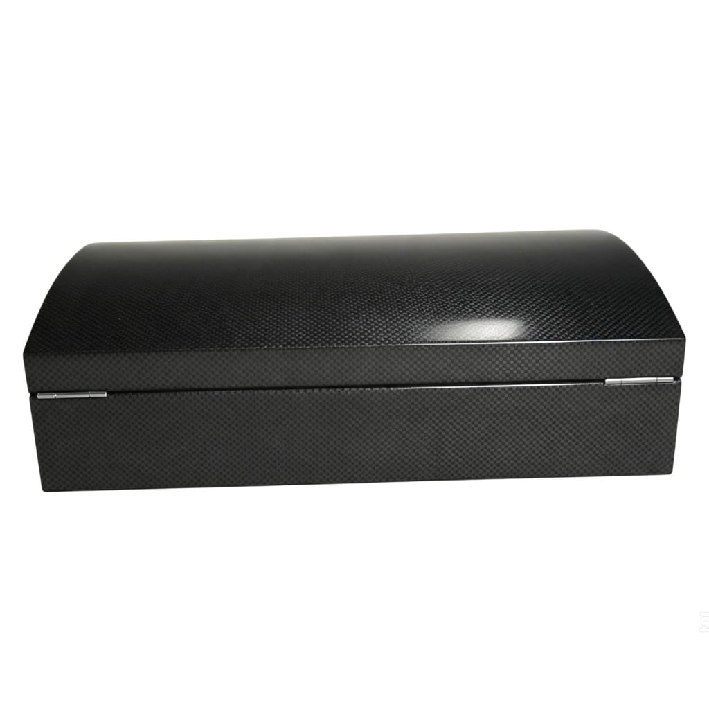 Carbon fibre watch display case with rear hinge detail