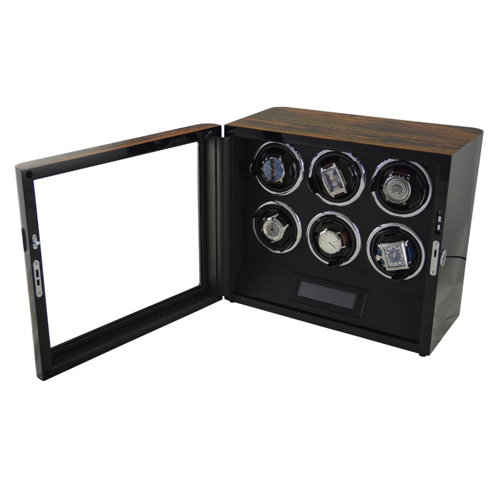 6 watch winder with open tempered glass door, zebra stripe finish and black interior