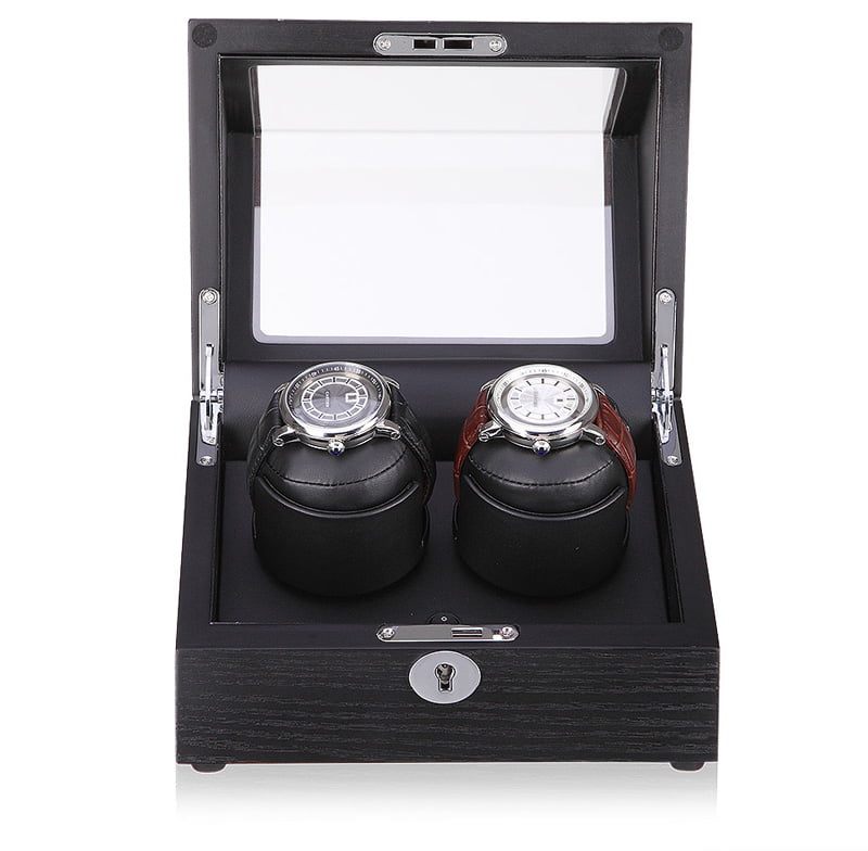 Open double watch winder case showing two watch winding positions