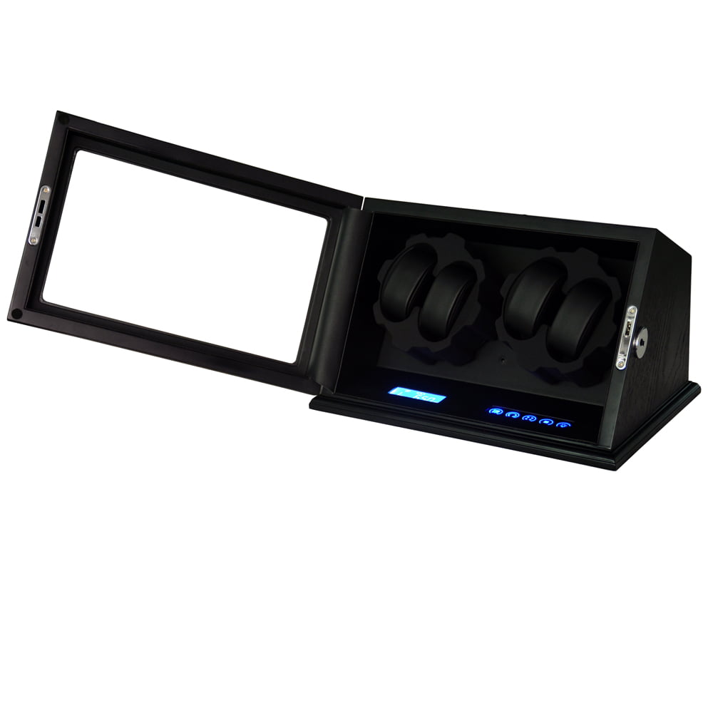Wood watch winder with touchscreen control panel and LED indicators