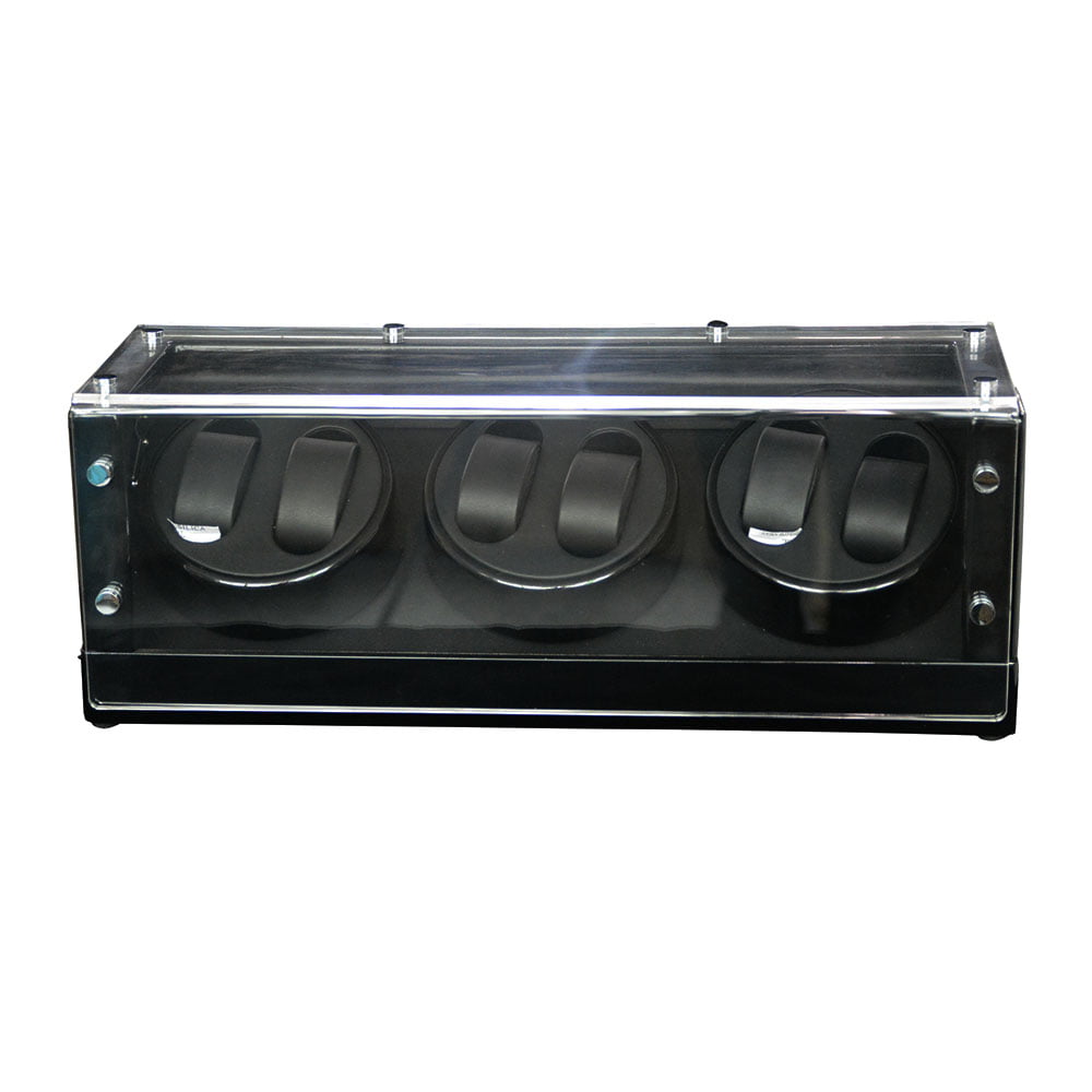 Luxury watch winder front view with black finish and transparent acrylic window