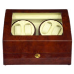 Luxury watch winder case with deep yellow high gloss exterior and beige interior