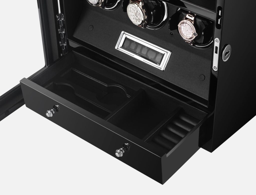 Touch screen watch winder drawer details with LCD display screen