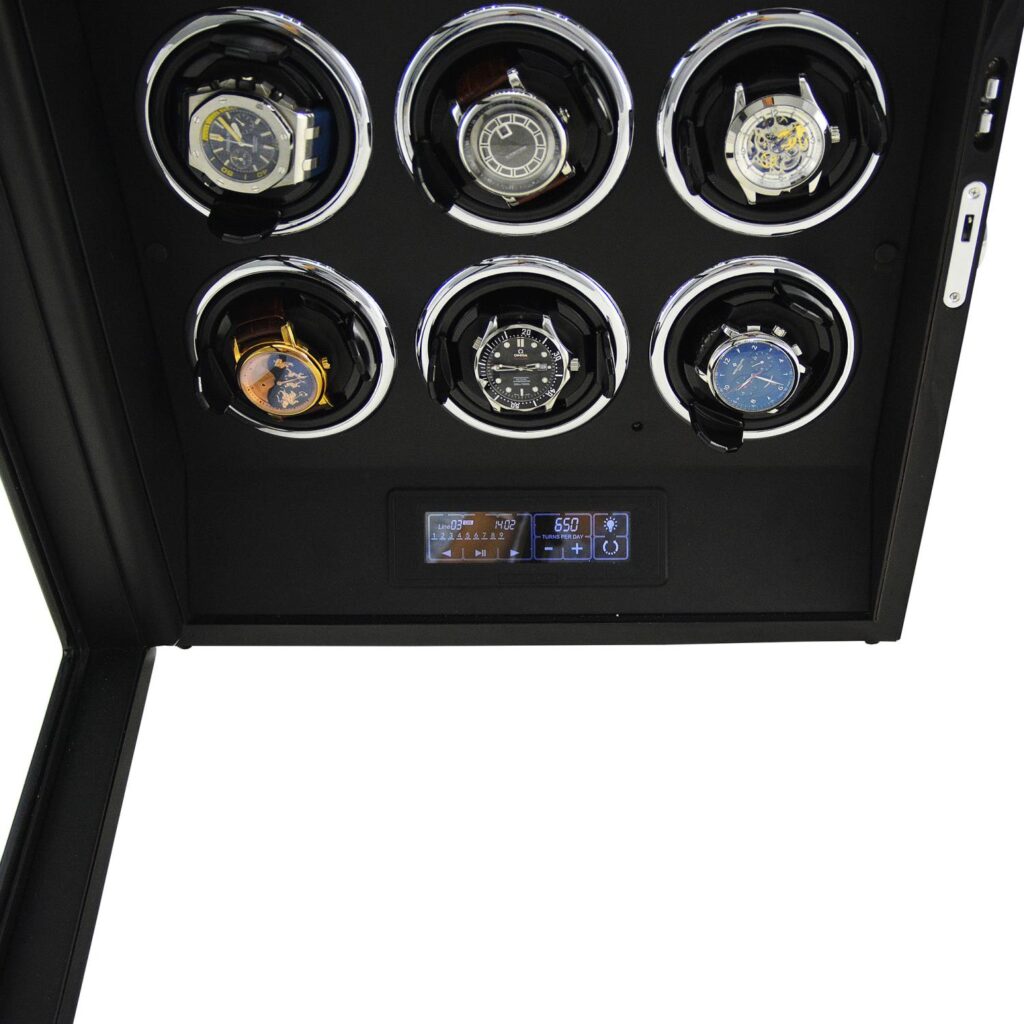 9 watch winder with open door, black interior and illuminated touchscreen control panel