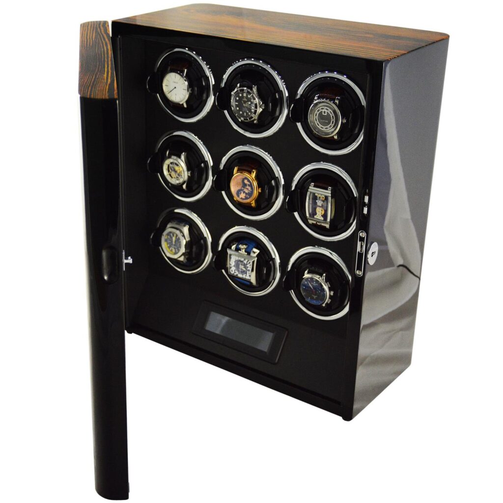 Open 9 watch winder with zebra stripe finish, nine winding positions and black interior