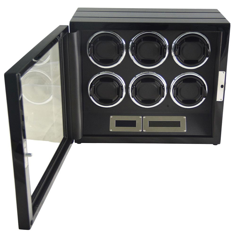 Open 6 watch winder showing six winding positions and black interior display