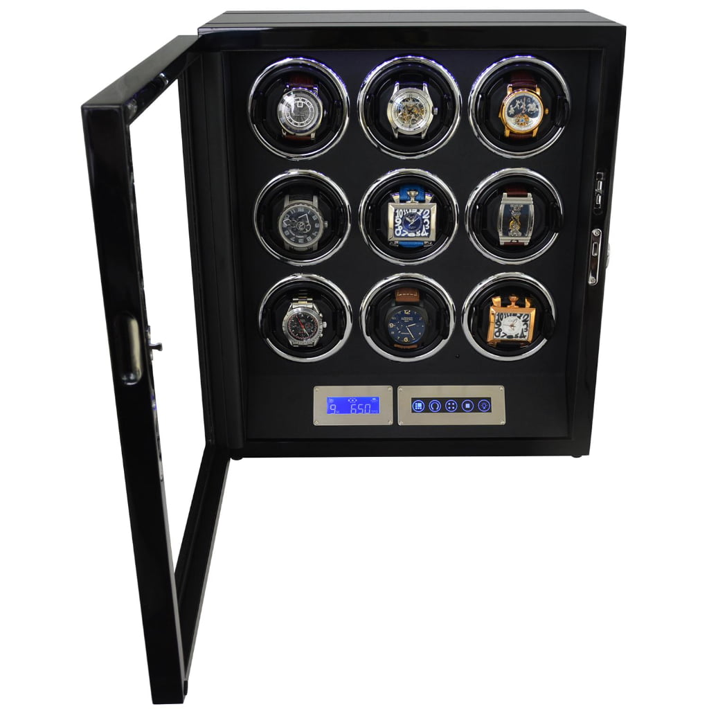 9 watch winder displaying watches with LED lighting and touchscreen controls