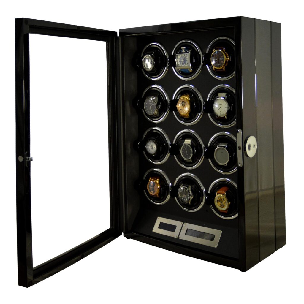 12 watch winder with open tempered glass door and twelve watches displayed in winding positions