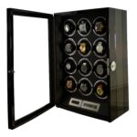 12 watch winder with open tempered glass door and twelve watches displayed in winding positions