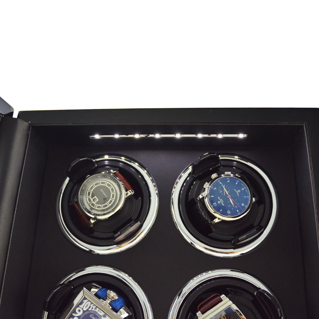 4 watch winder interior with four watch holders, black lining and LED light