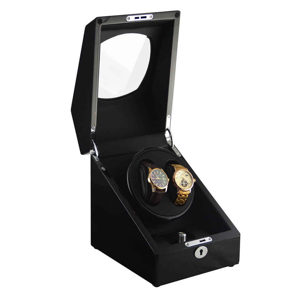 Open black 2-watch winder with two watches positioned on the dual-watch winding module