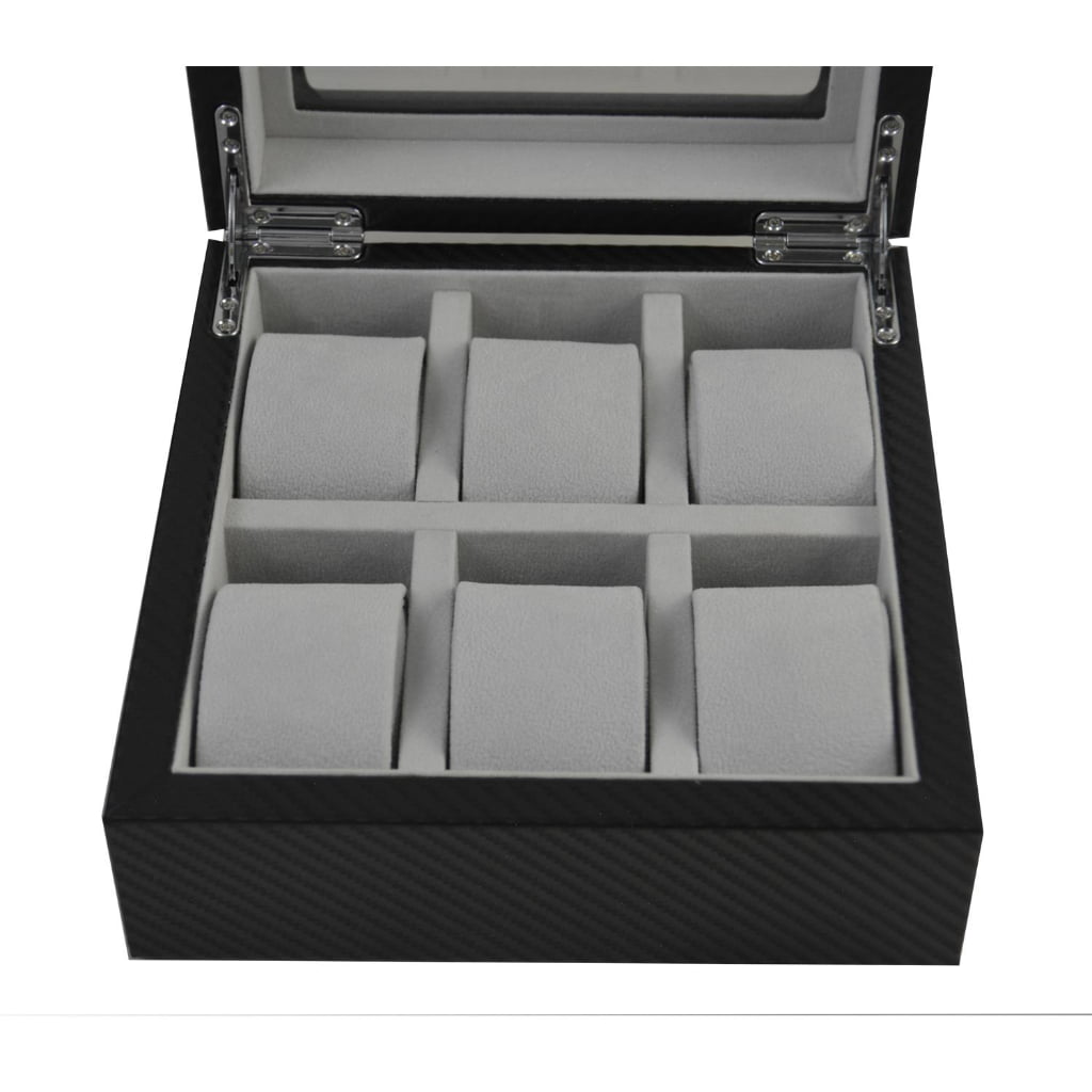 Open carbon fiber 6-watch box with six grey cushions and divided velvet interior