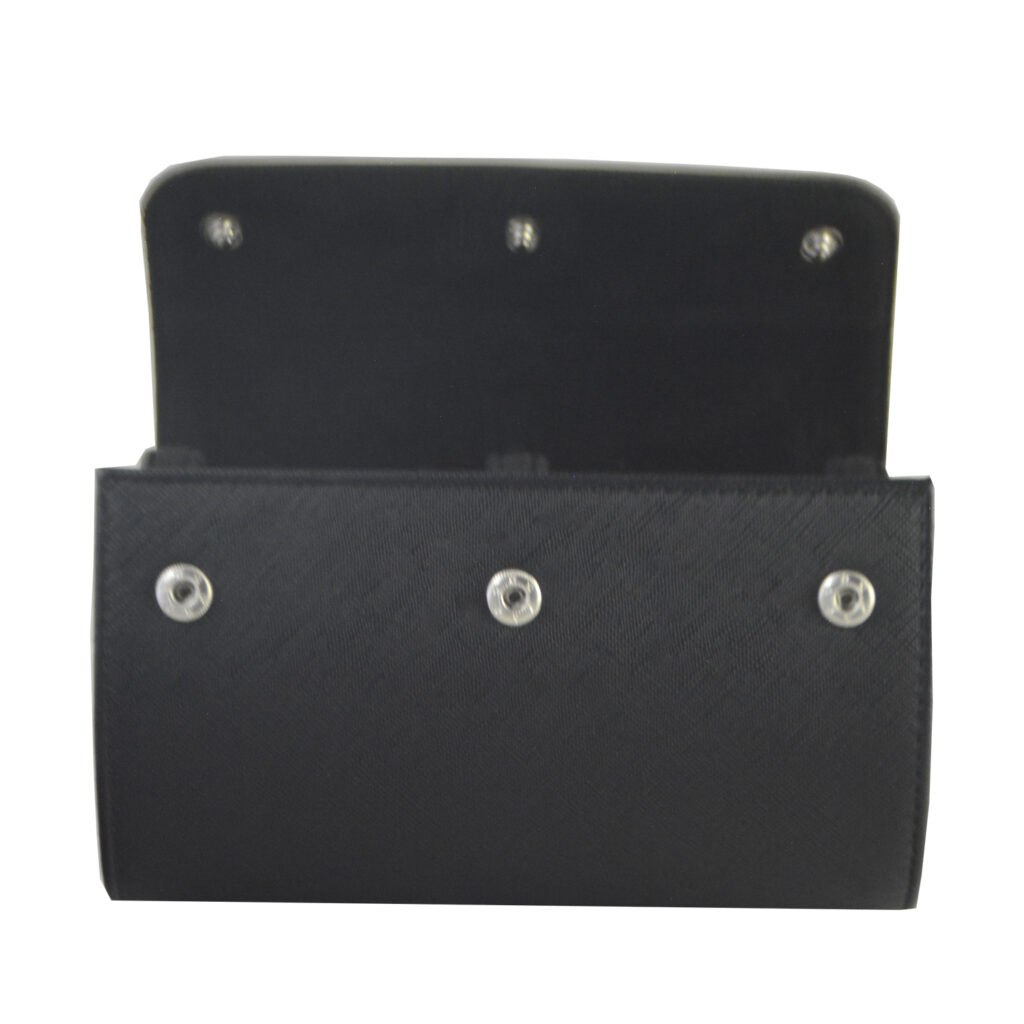 Open black PU leather watch travel case showing multiple snap button closures