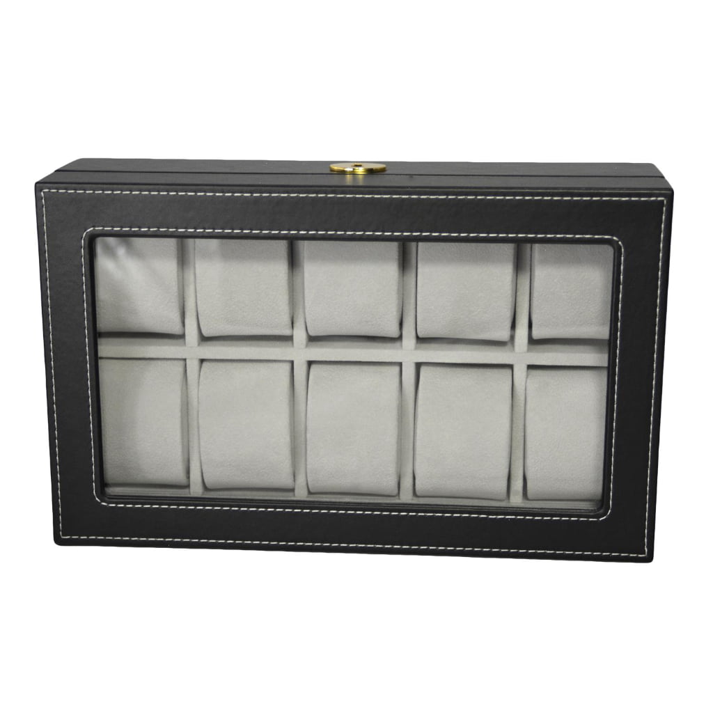 Top view of black 10 slot watch box with transparent display window