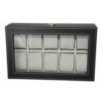 Top view of black 10 slot watch box with transparent display window